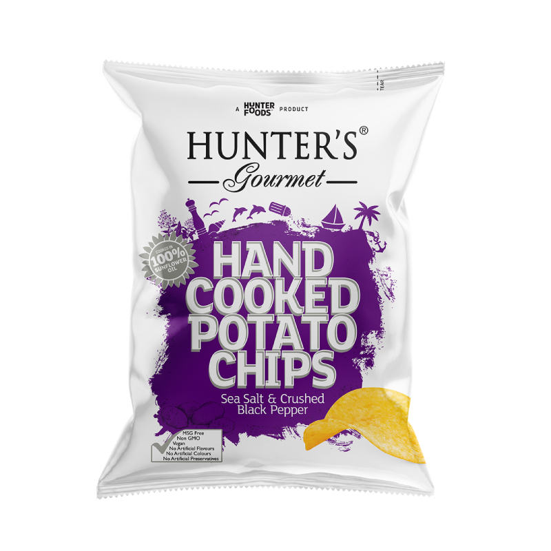 HUNTERS POTATO CHIPS SEA SALT &amp; CRUSHED BLK PPR 125GM